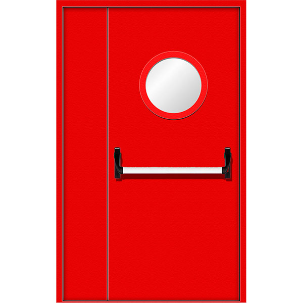 Полуторная противопожарная дверь с антипаникой и круглым окошком ДПМ-20