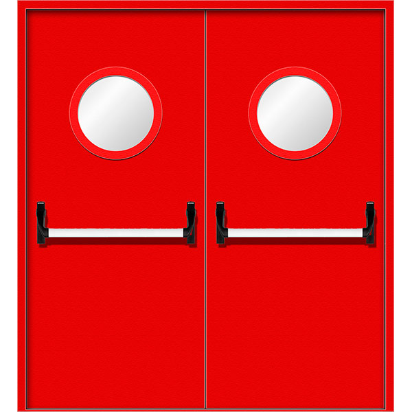 Двупольная противопожарная дверь с антипаникой и круглыми окошками ДПМ-5